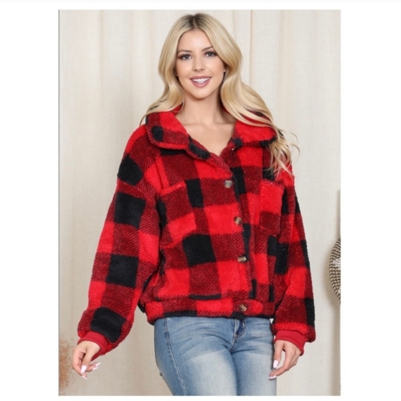 BUFFALO PLAID FAUX FUR BUTTON UP JACKET.  NEW - Picture 5 of 5